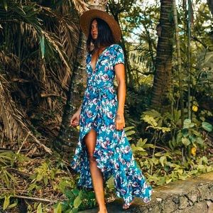 Marbella Blue Floral XIX Palms Wrap Dress